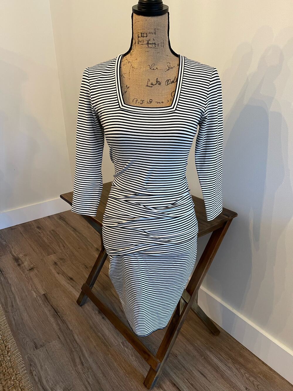 NICOLE MILLER Artelier Dress Size P Black & White Striped Bodycon Rouched Dress
